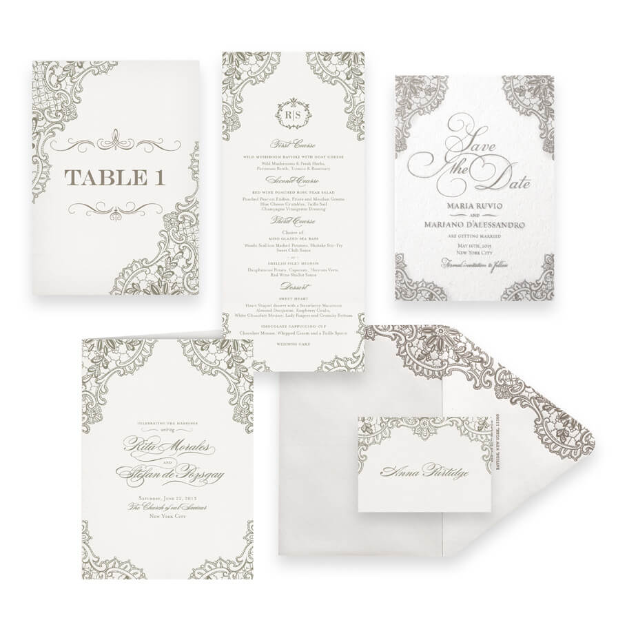 Classic lace save the dates, menus, programs and wedding accessories