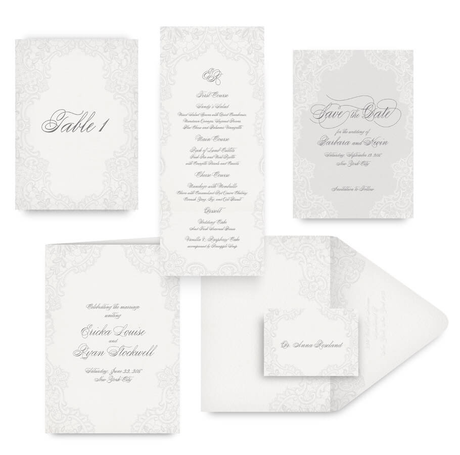 Romantic lace save the dates, menus, programs and wedding accessories