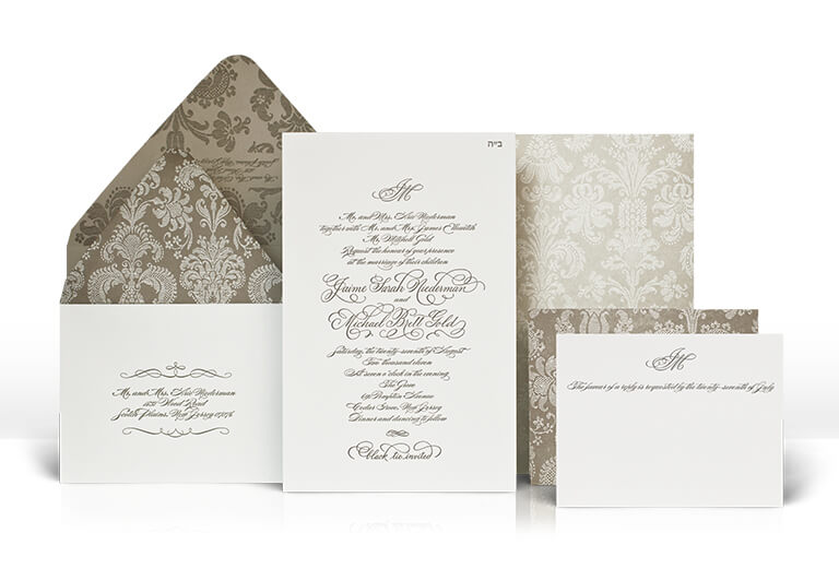 Classic damask and calligraphy wedding invitation