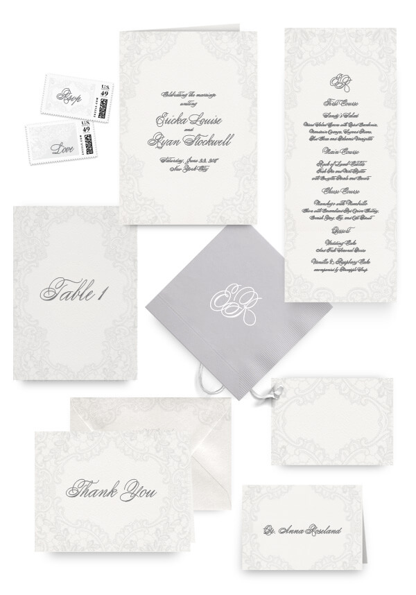Romantic lace wedding menus, programs and accessories
