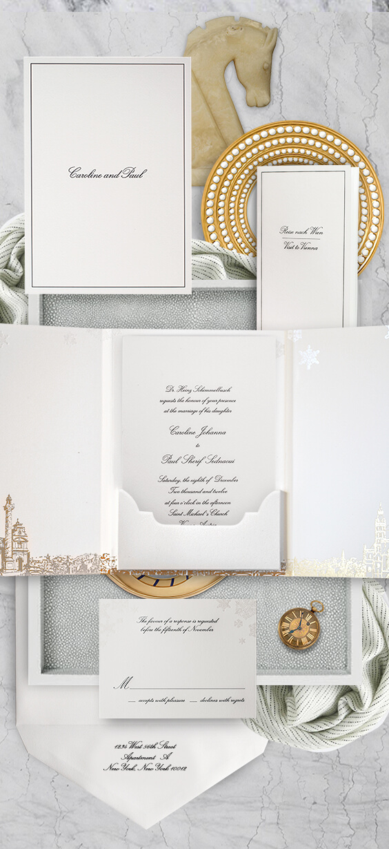 Formal wedding invitation with the skyline of Vienna