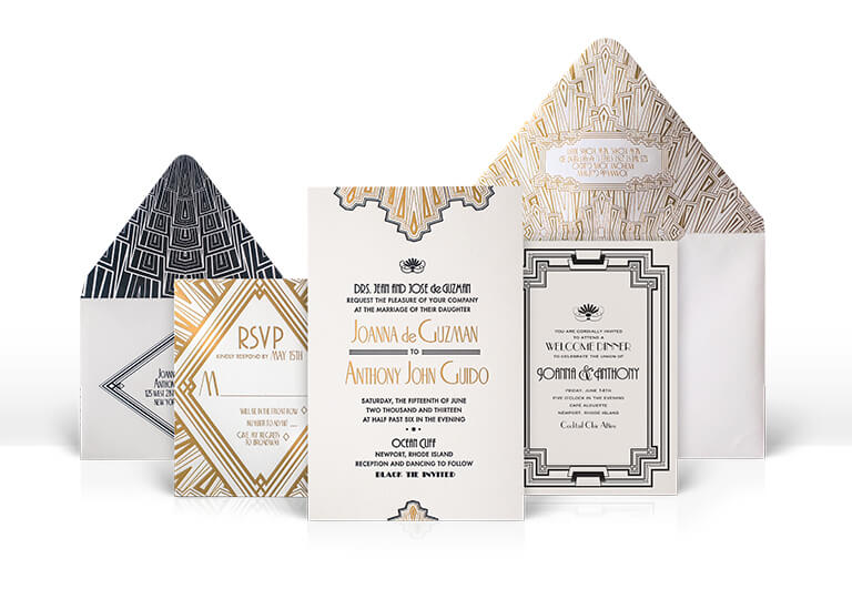 Art Deco gold and black wedding invitations