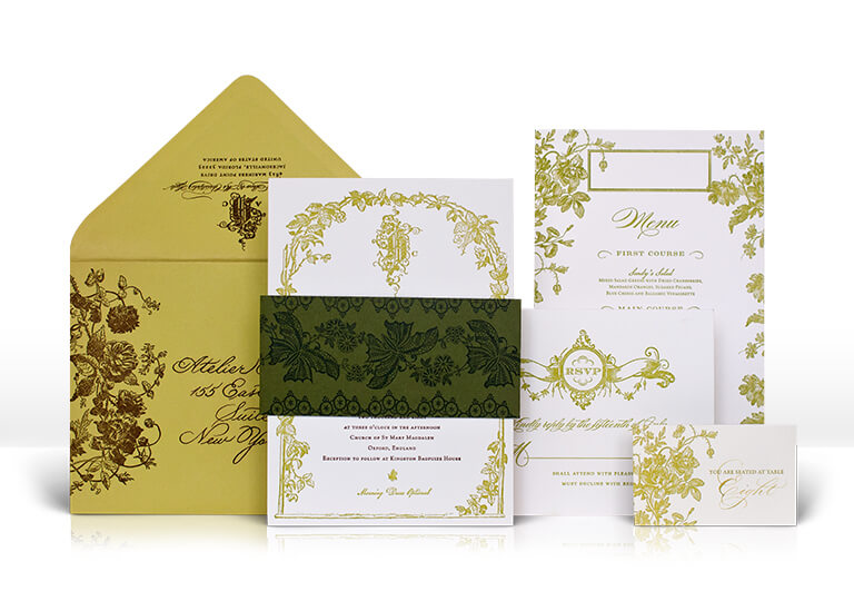 English garden wedding invitation with trellis and flowers