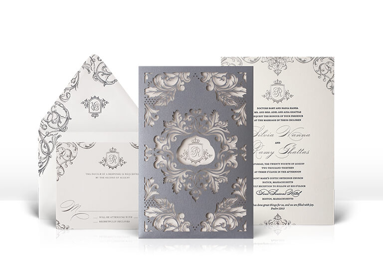 Silver and white regal laser cut wedding invitation