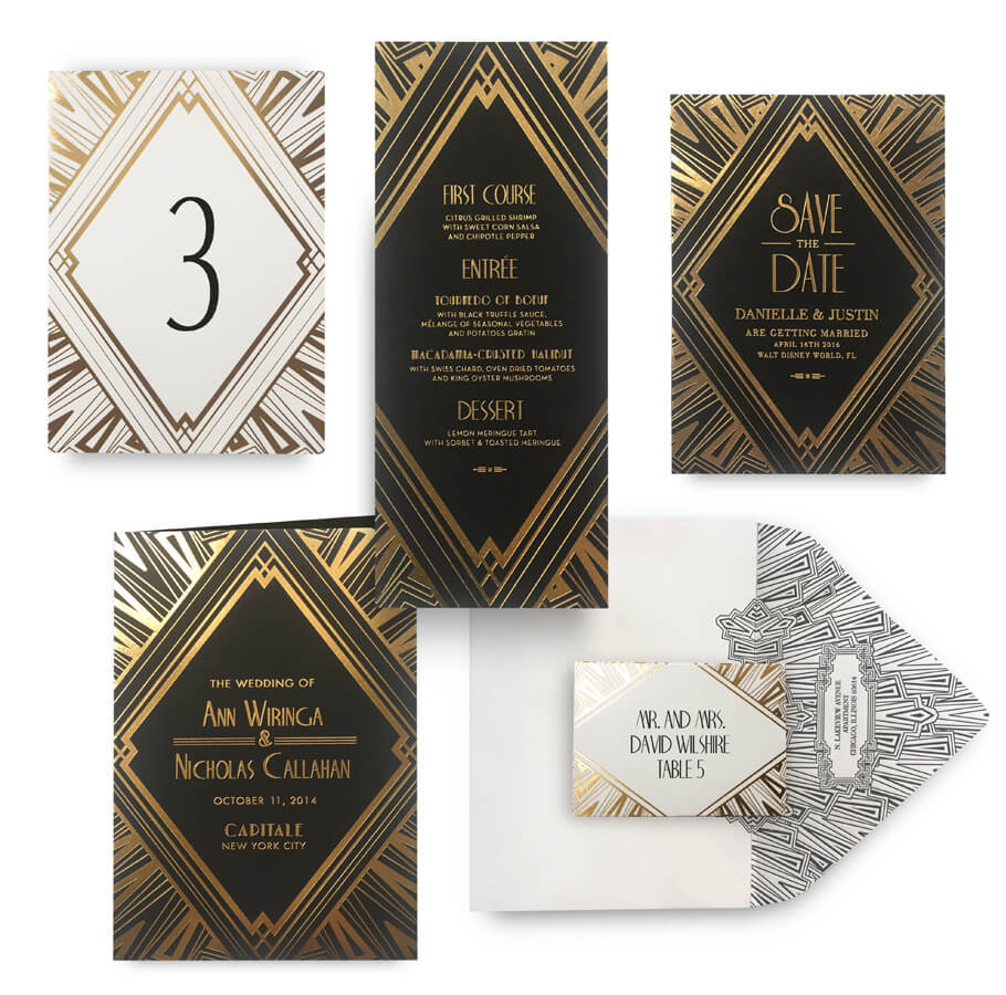 Art Deco gold save the date, menu, program and wedding accessories