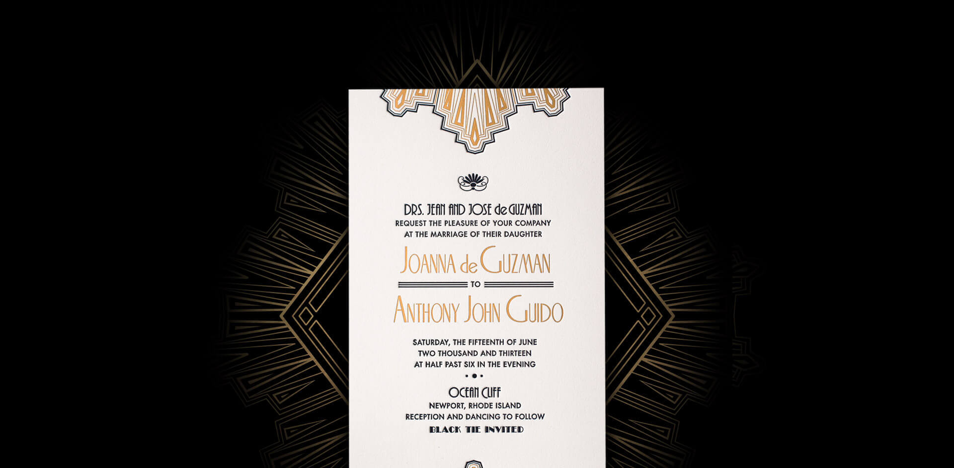 Art Deco gold and black wedding invitation card