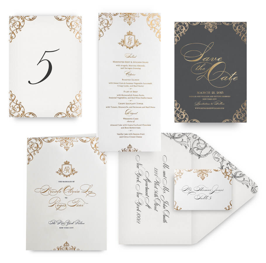 Ornate gold save the date, menu, program and wedding accessories