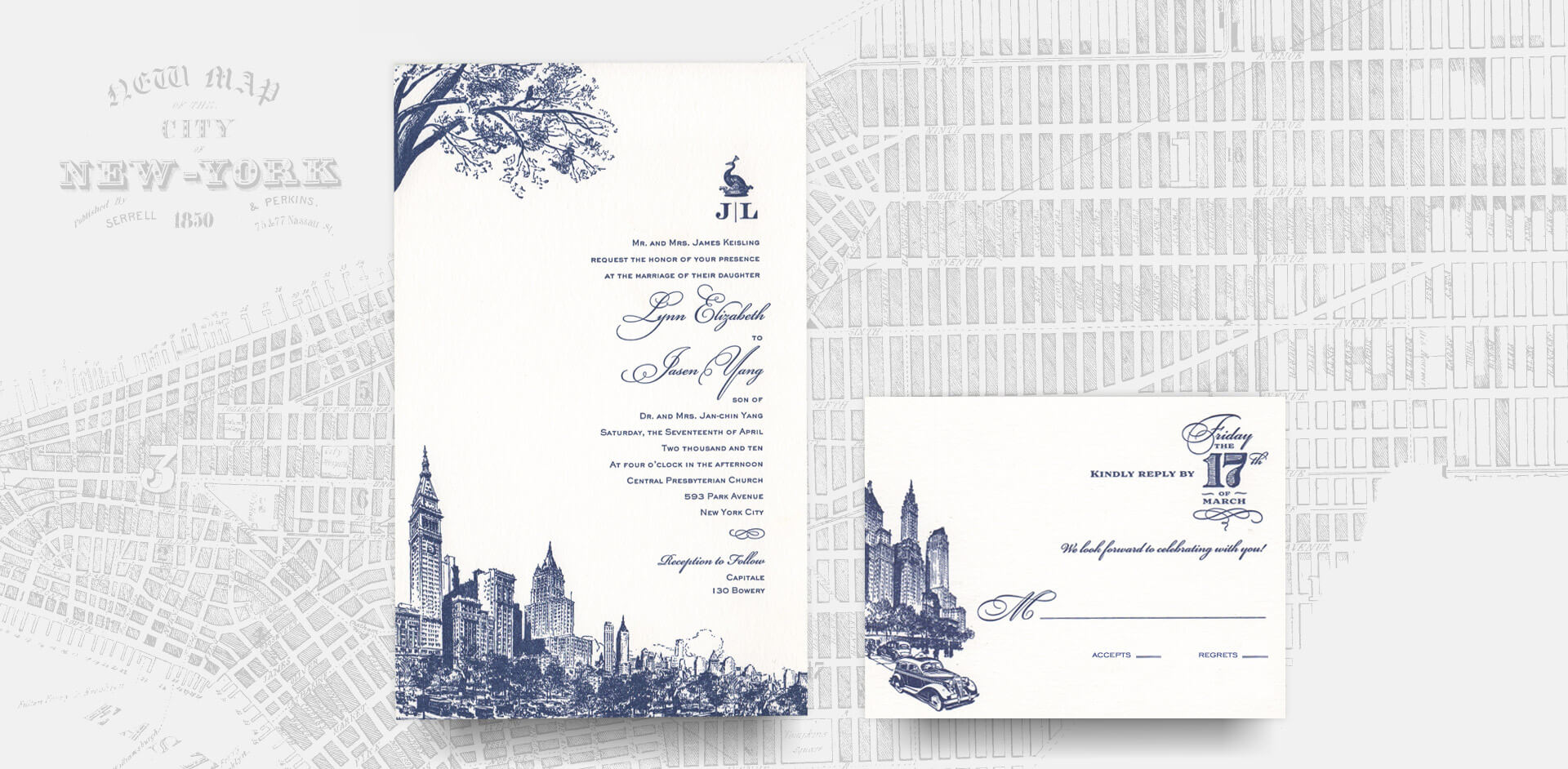 New York City invitation suite with grid of Manhattan background