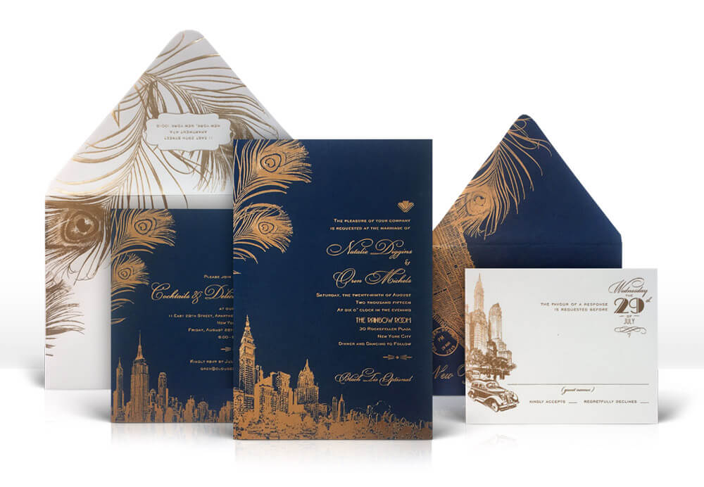 Navy and gold New York City skyline wedding invitation