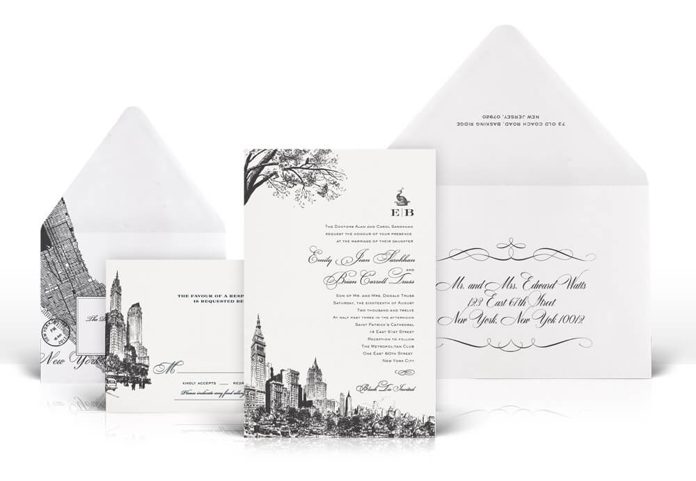 Charcoal New York City skyline wedding invitation
