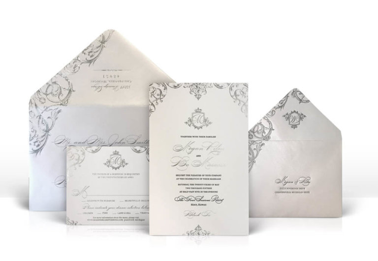 Opulent silver and grey wedding invitations