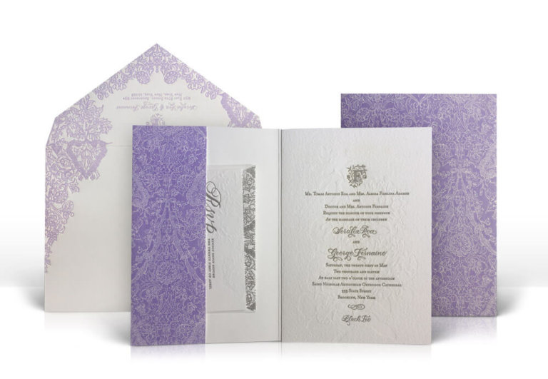 Purple lace folder wedding invitation