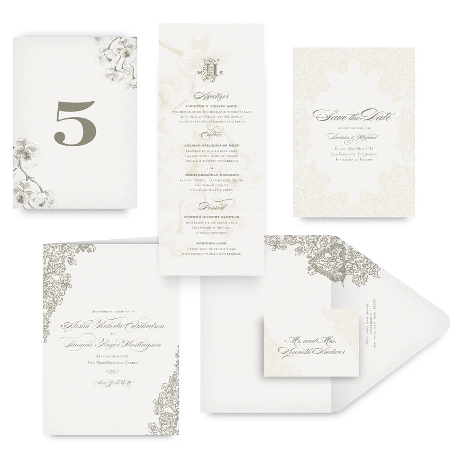 Romantic floral save the date, menu, program and wedding accessories