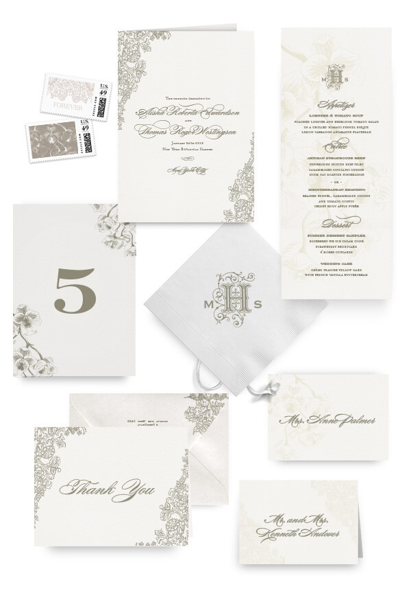 Romantic floral napkins, table cards, escort and place cards