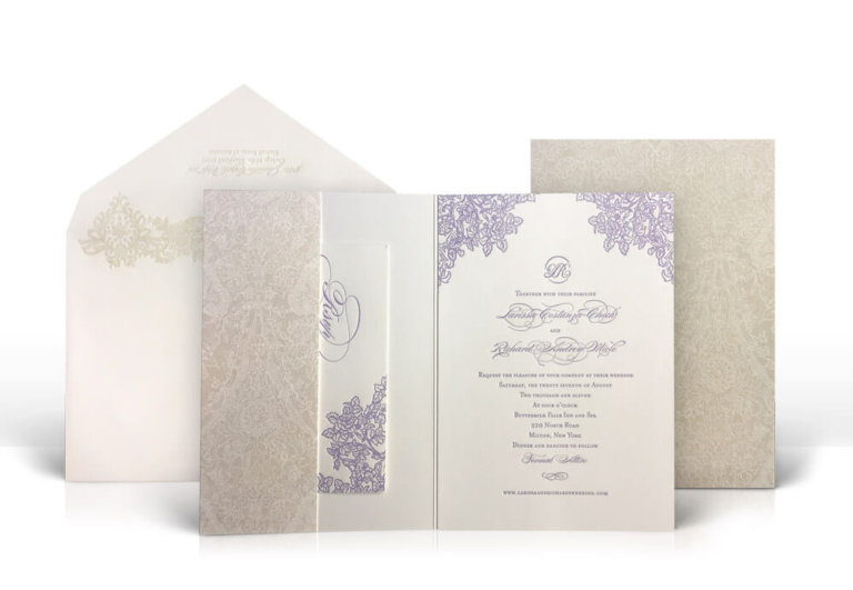 Purple and cream floral wedding invitation
