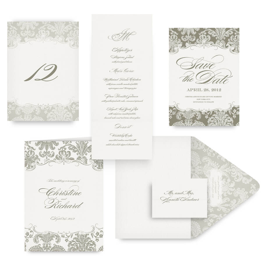 Classic damask save the date, menu, program and wedding accessories