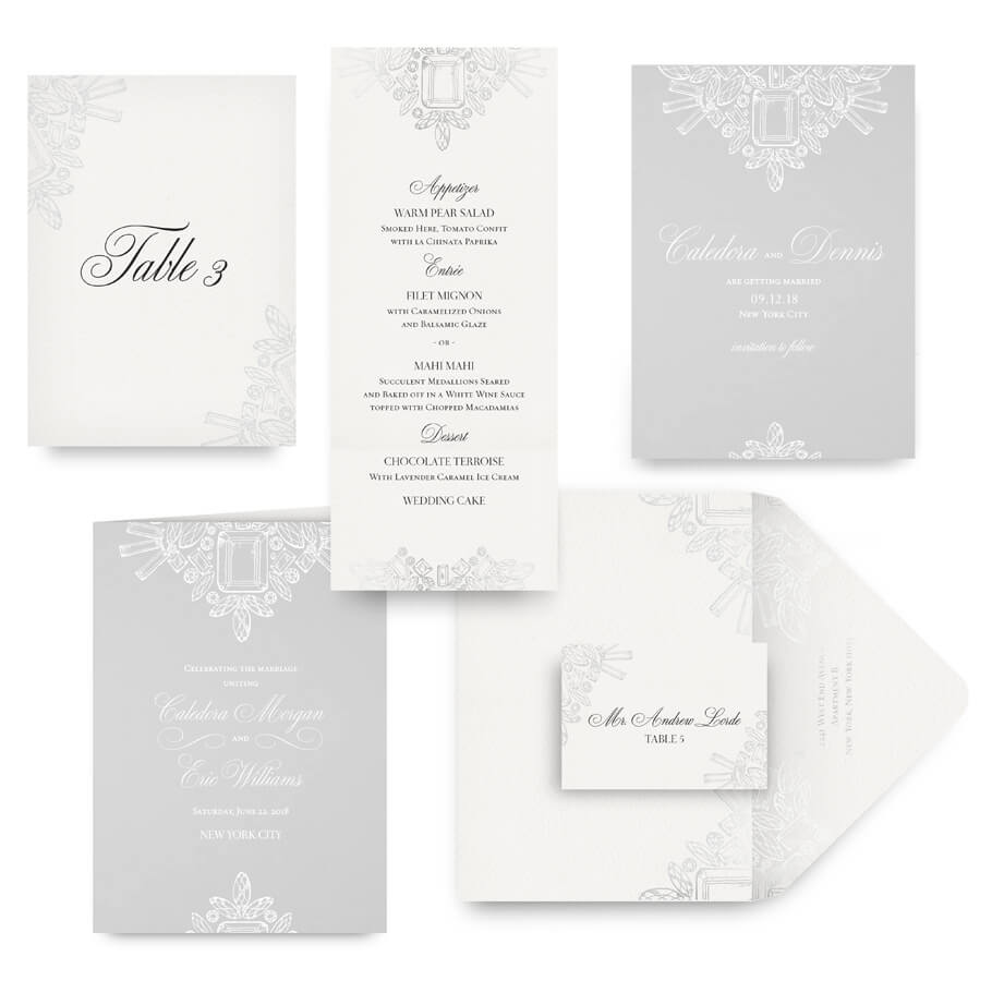 Diamond and crystal save the date, menu, program and wedding accessories