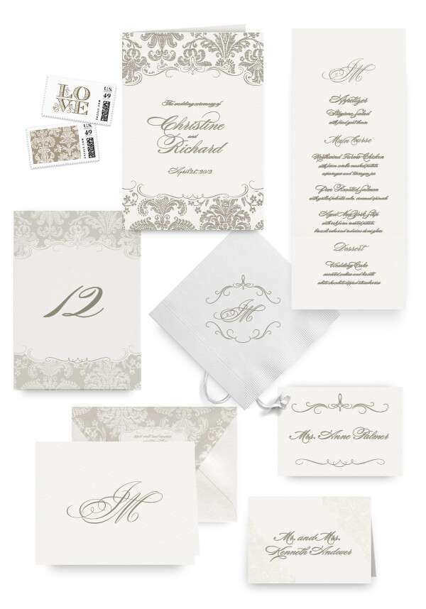 Damask gold napkins, table cards, escort and place cards