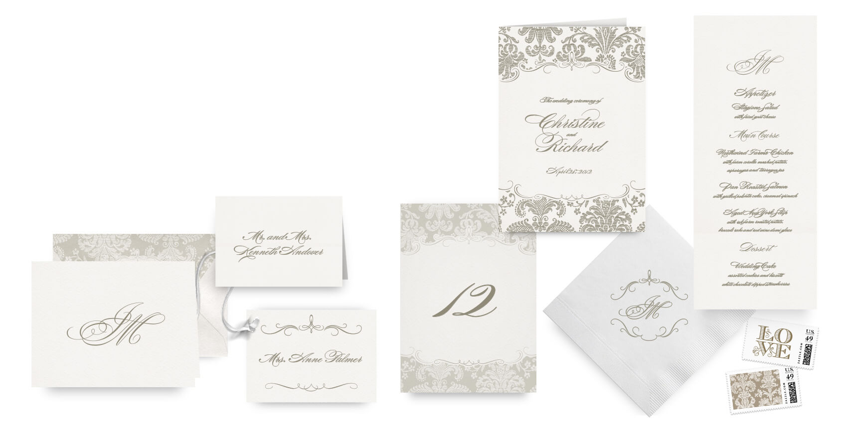 Ornate damask menus, programs and wedding accessoriesmask letterpress wedd