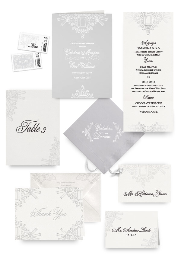 Diamond and crystal napkins, table cards, escort and place cards