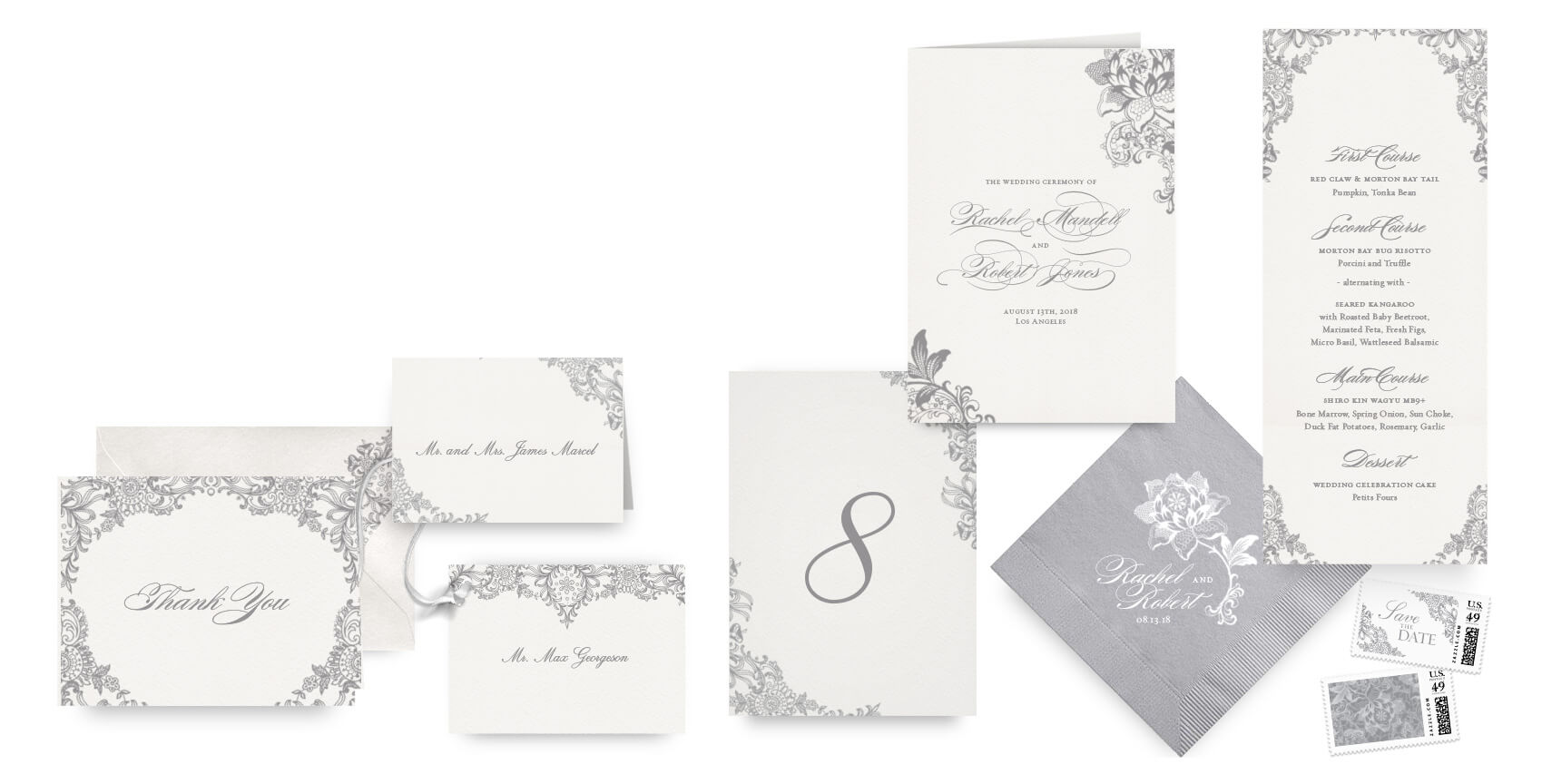Grey lace menus, programs and wedding accessories