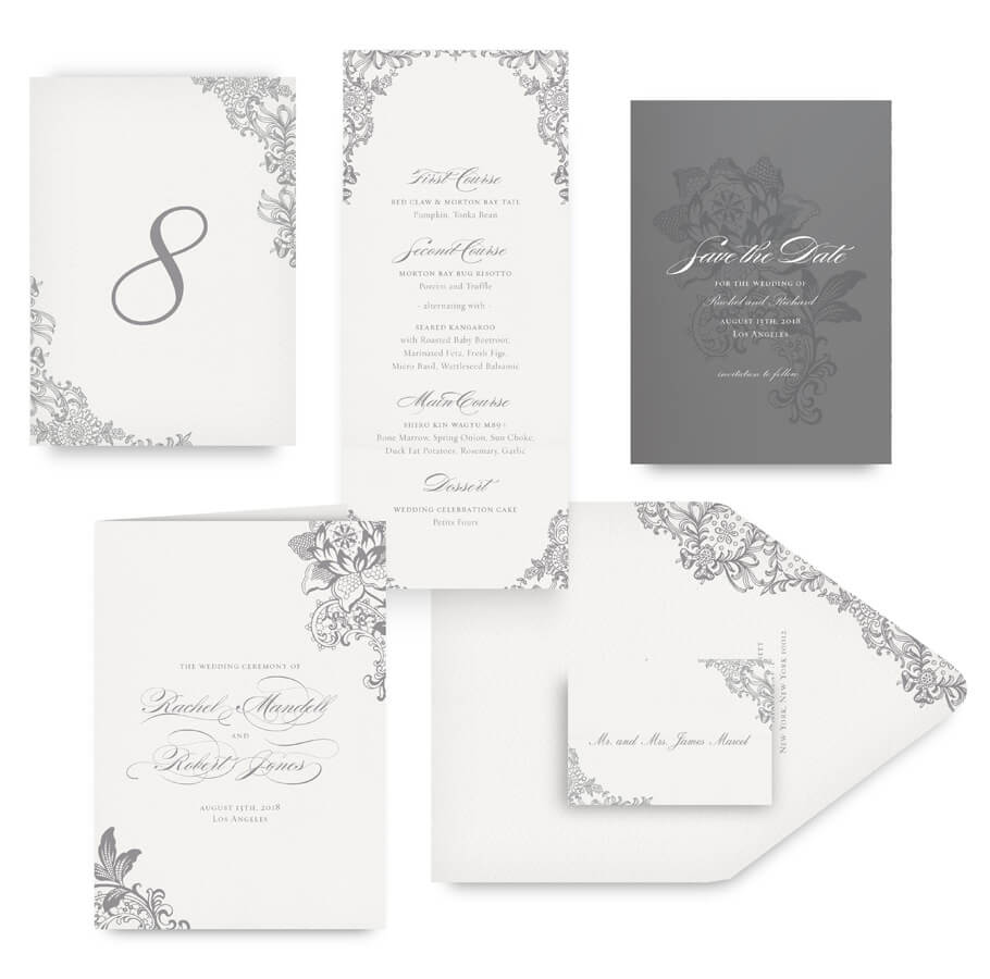 Grey lace save the date, menu, program and wedding accessories
