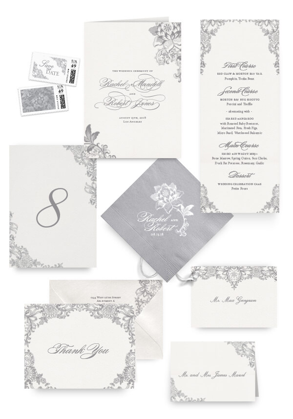 Grey lace napkins, table cards, escort and place cards