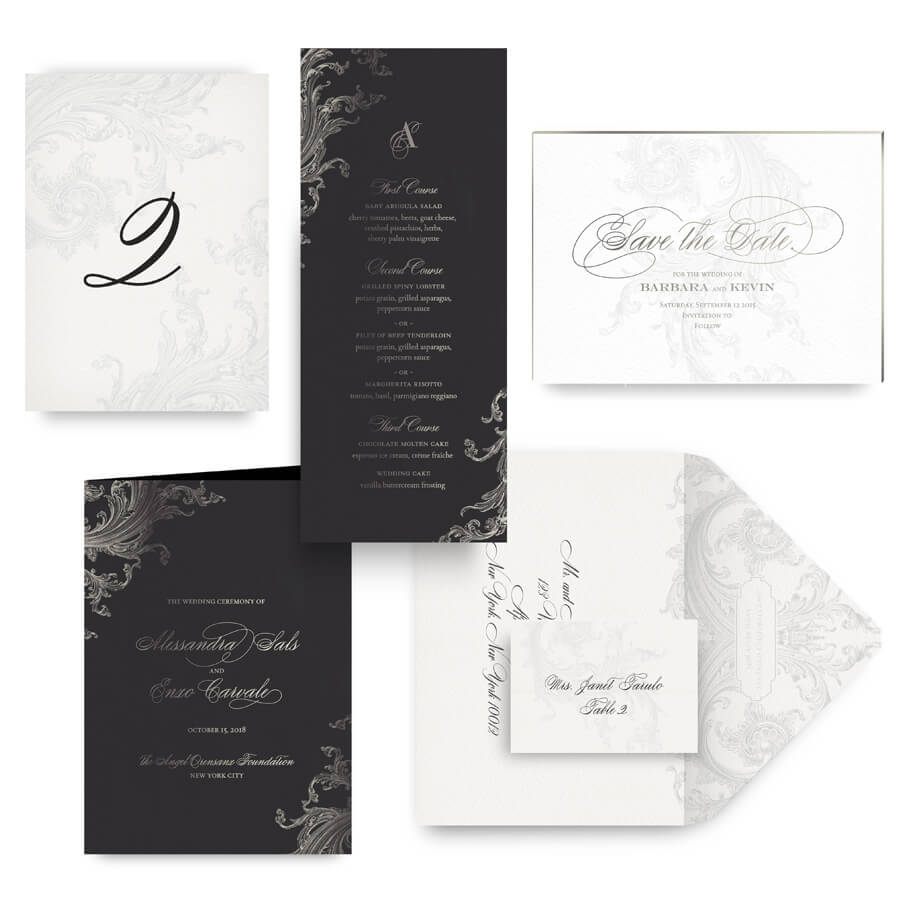 Moody ornate save the date, menu, program and wedding accessories