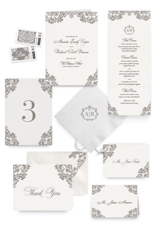 Ornate classic napkins, table cards, escort and place cards