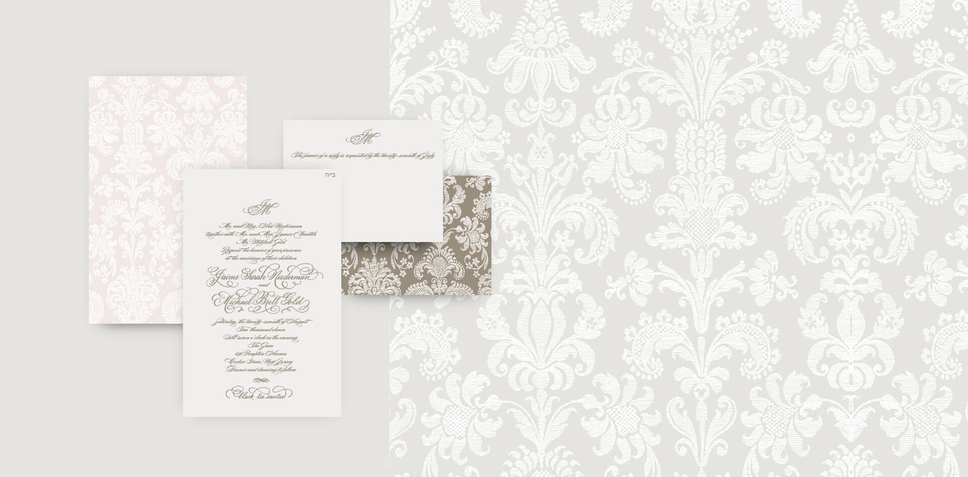 Classic damask letterpress wedding invitation