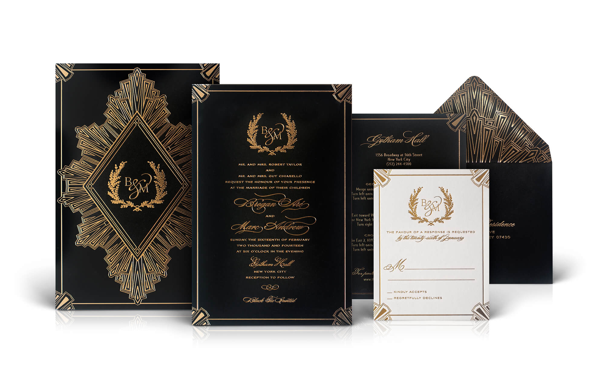 Art Deco black and gold wedding invitation