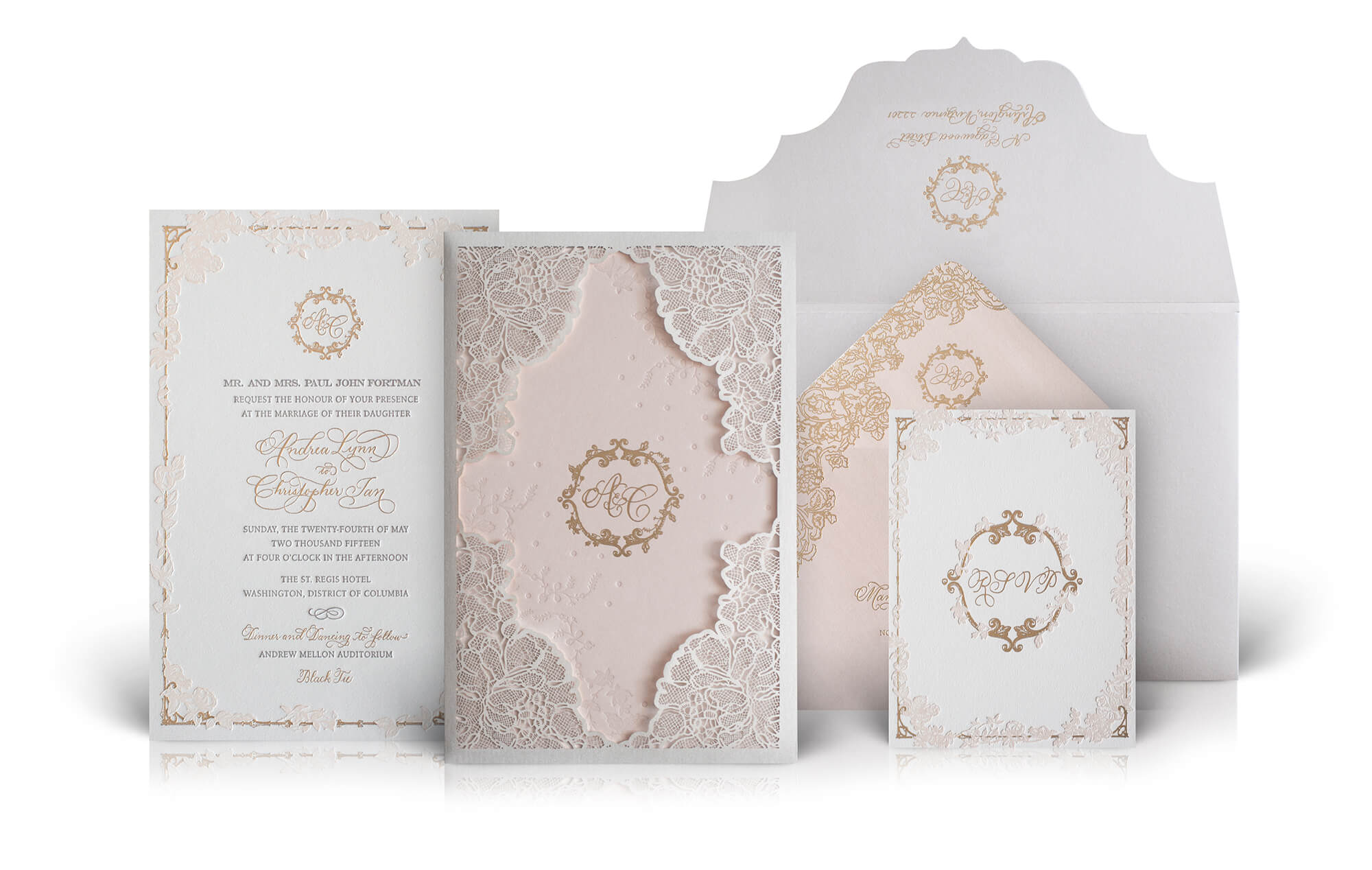 Lace laser cut blush and gold wedding invitation