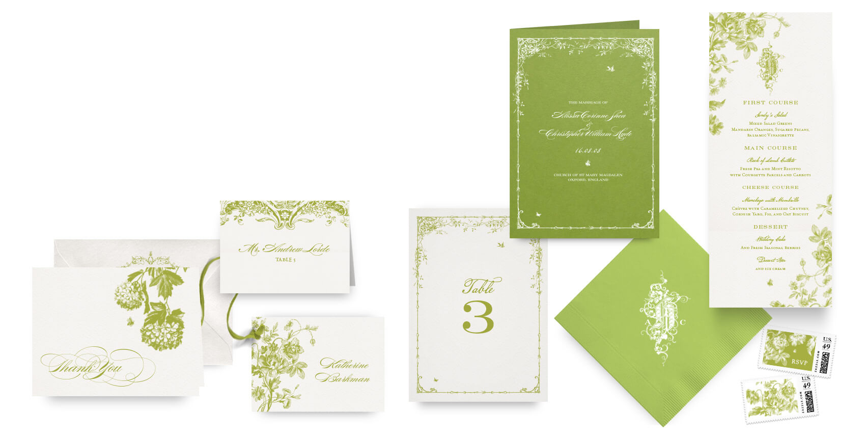 Botanical garden menus, programs and wedding accessories
