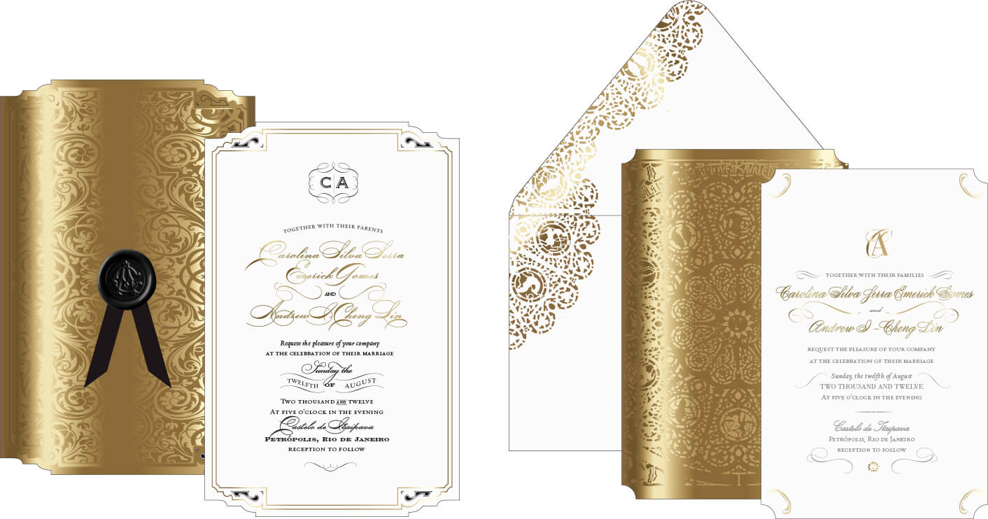 Gold and ivory ornate wedding invitation designs