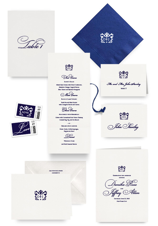 Classic navy napkins, table cards, escort and place cards