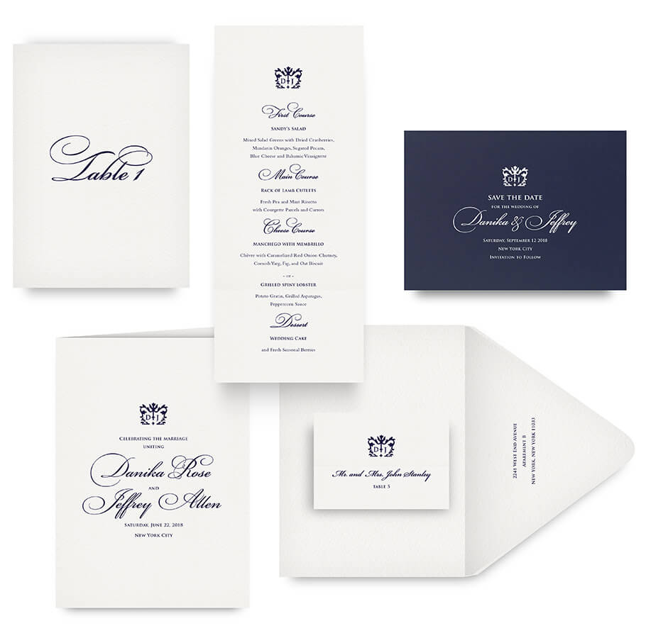 Classic save the date, menu, program and wedding accessories