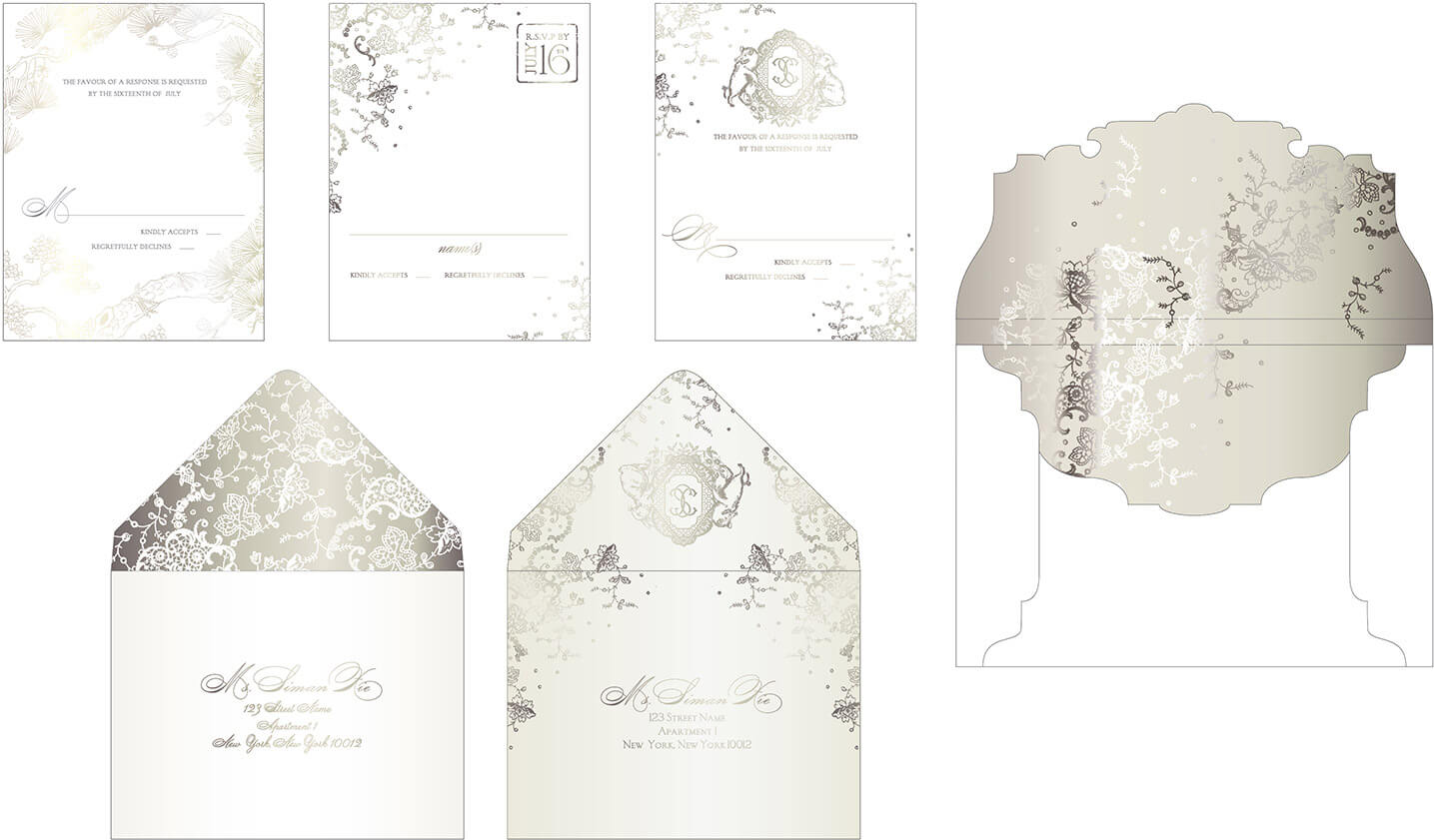 Custom designed envelopes and foil stamped reply cards