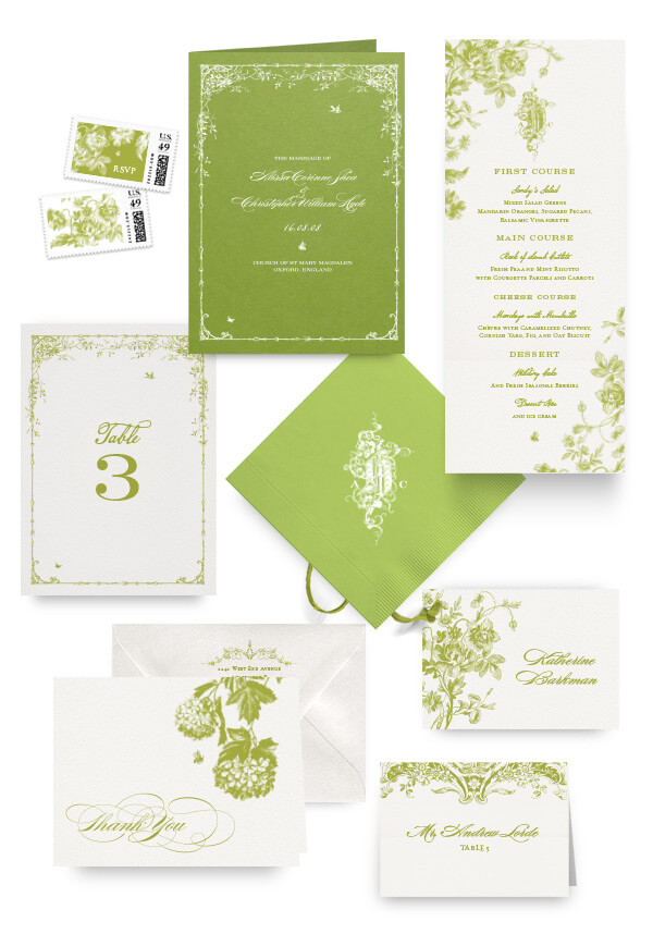 English garden napkins, table cards, escort and place cards