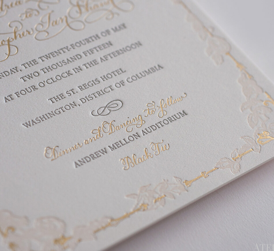 Foil and letterpress wedding invitation detail