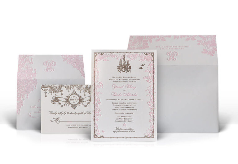 Blush pink and antique gold garden trellis wedding invitation