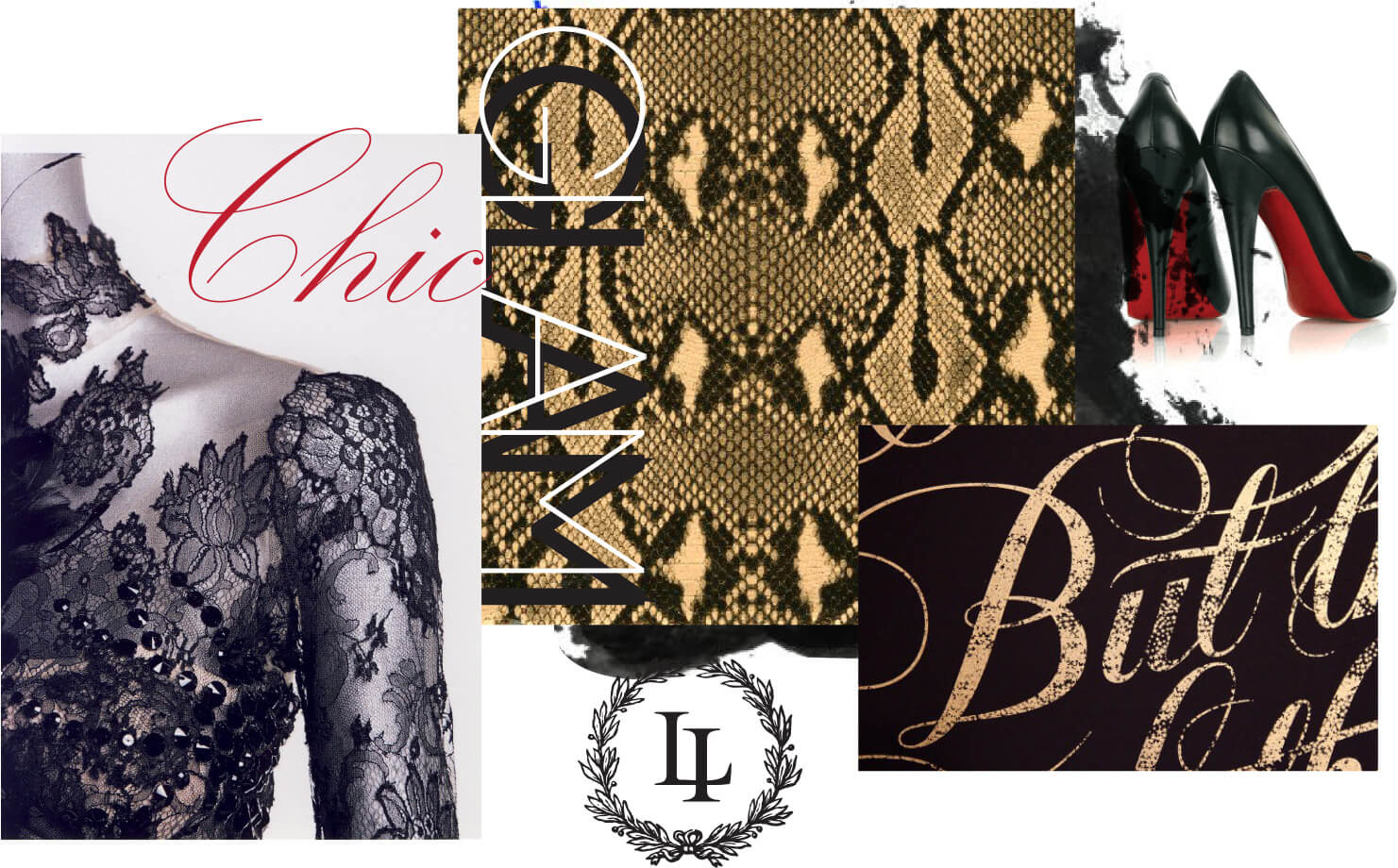 Christian Louboutin, black lace and typography inspired images