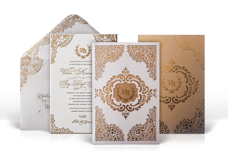 Lace ivory and gold laser cut wedding invitation
