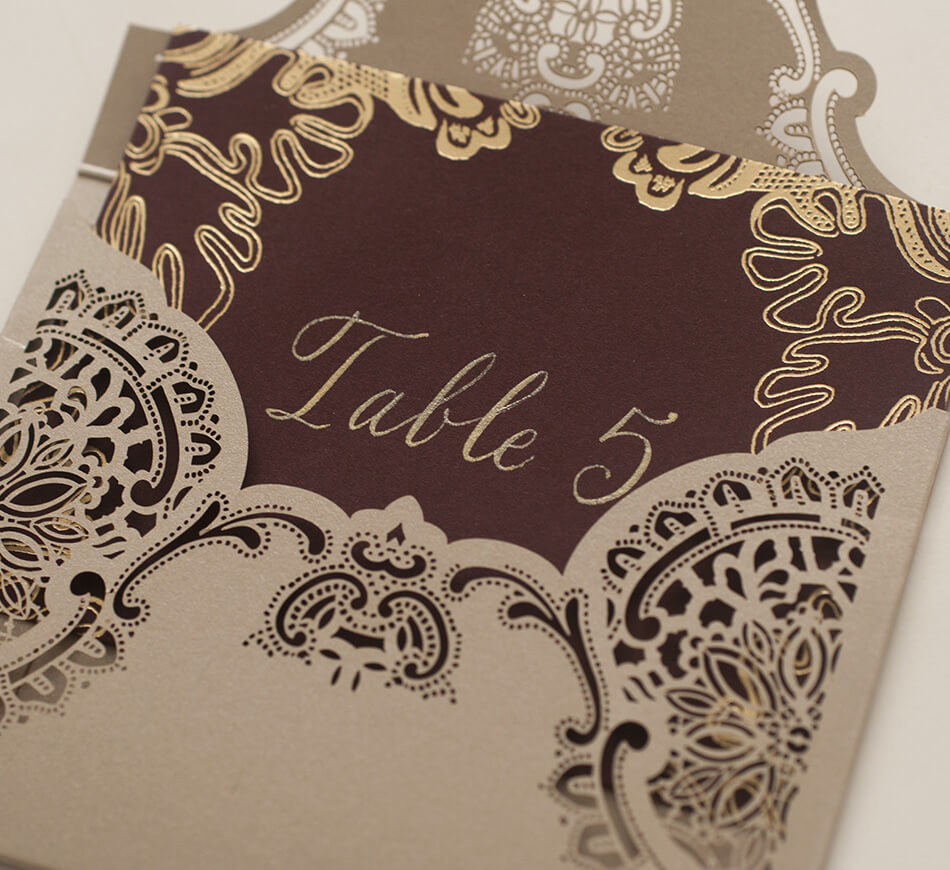 Laser cut lace escort card envelope and card