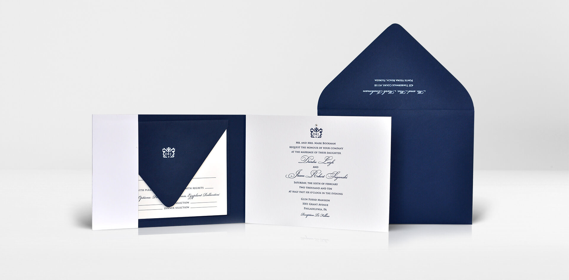 Classic navy and ivory letterpress wedding invitation