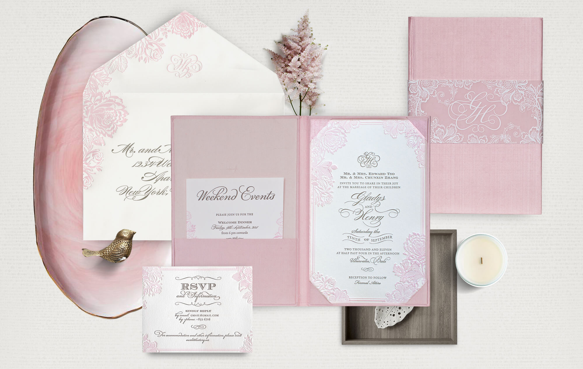 Blush pink invitation with a silk folder