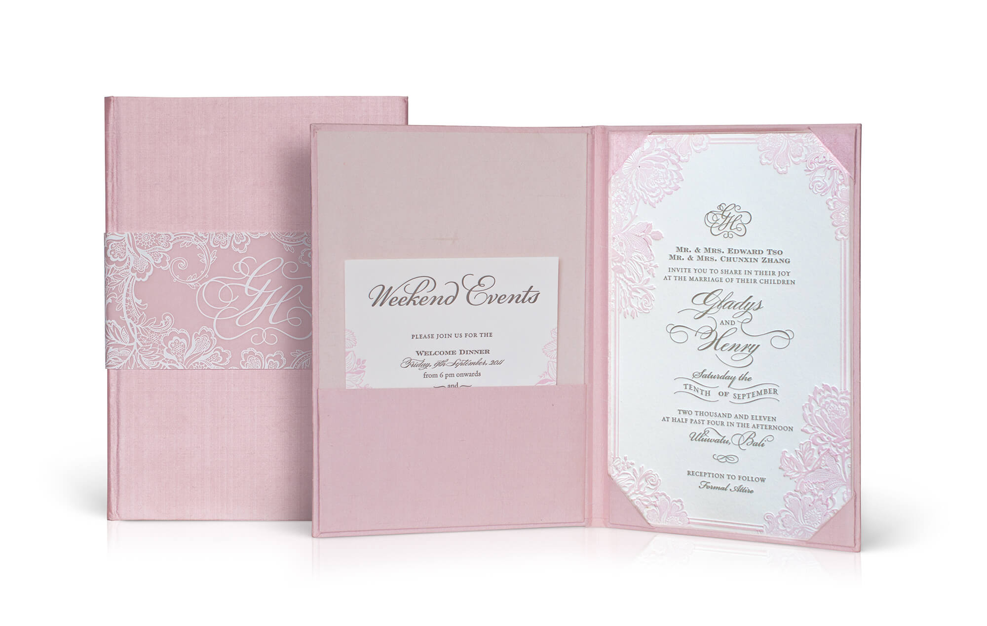 Blush silk folder wedding invitation with letterpress card