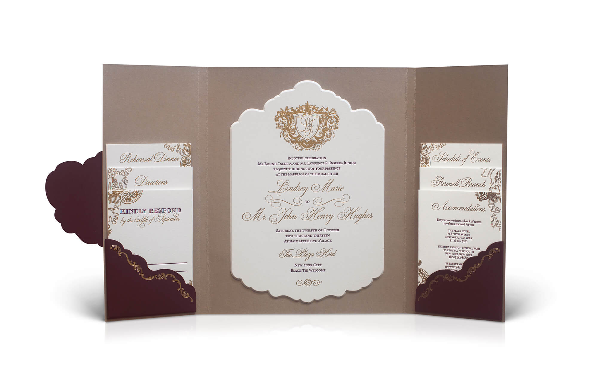 Plaza Hotel wedding invitation with folder and scalloped edges