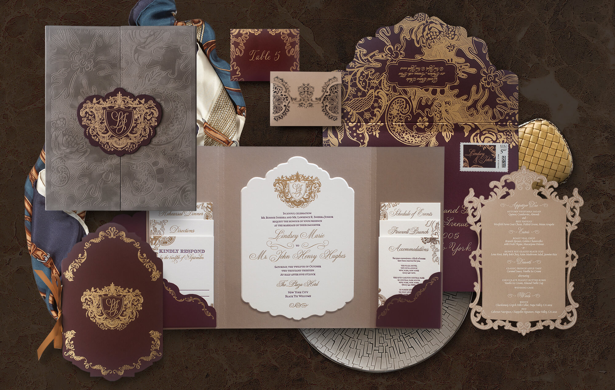 Ornate wedding invitation suite inspired by the Plaza Hotel