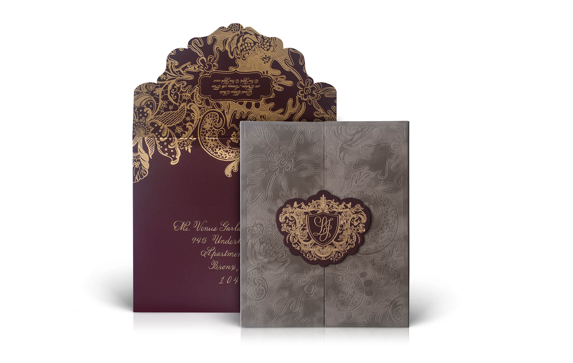 Taupe velvet, burgundy and gold wedding invitation