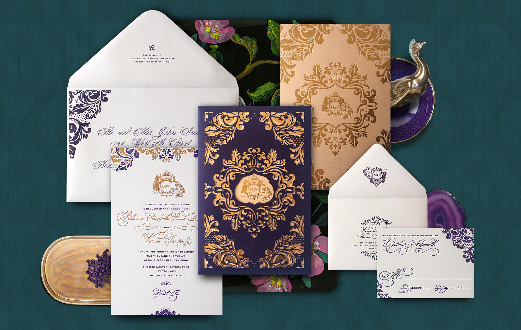 Purple ornate laser cut wedding invitation